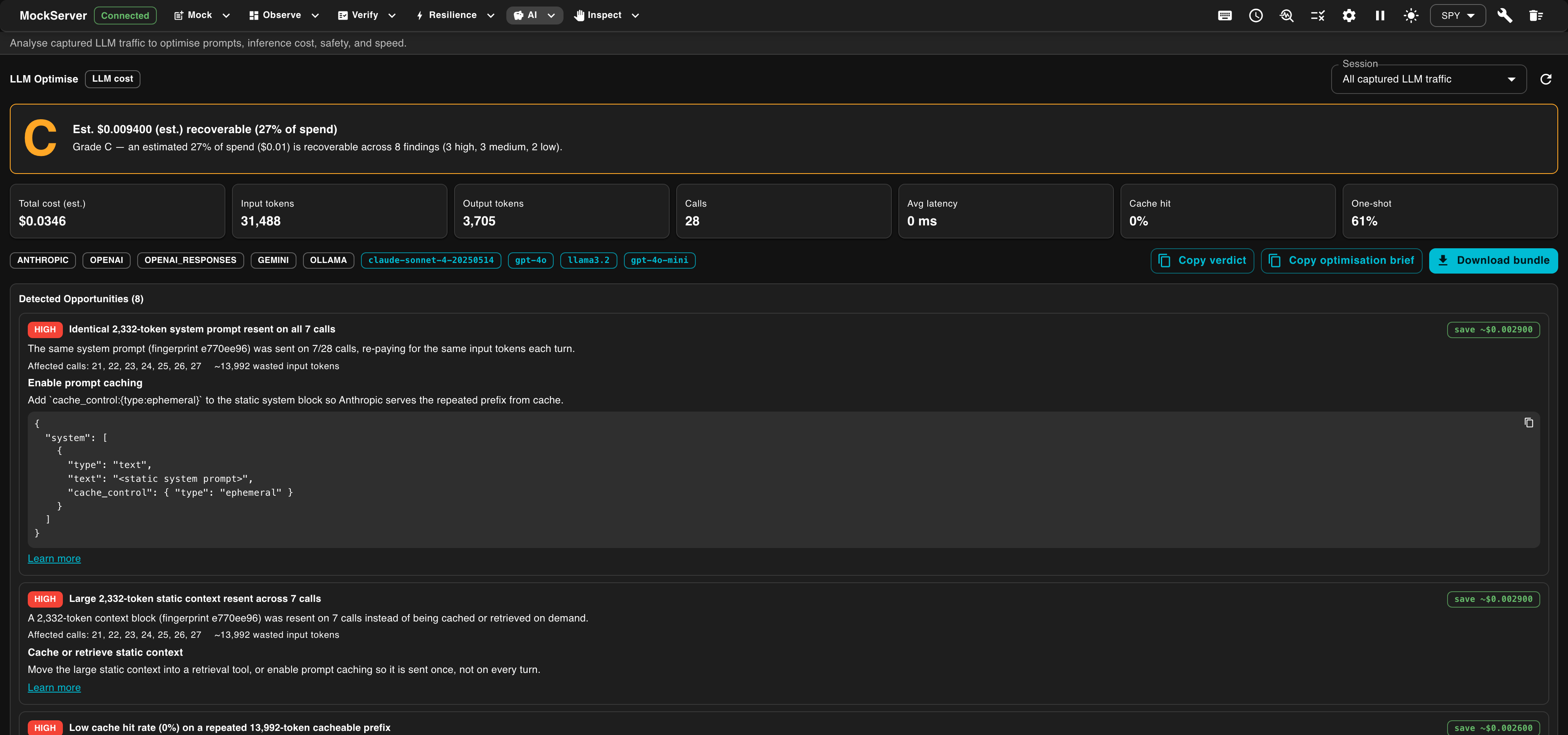 MockServer dashboard LLM Optimise screen — verdict, hero cards, and detected opportunities