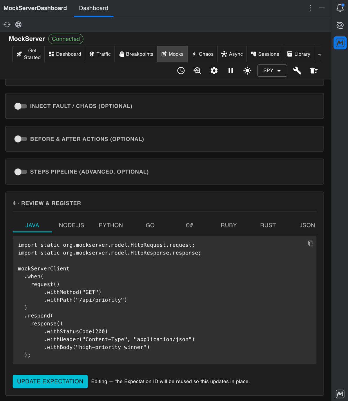 MockServer Dashboard expectation code export in IntelliJ IDEA