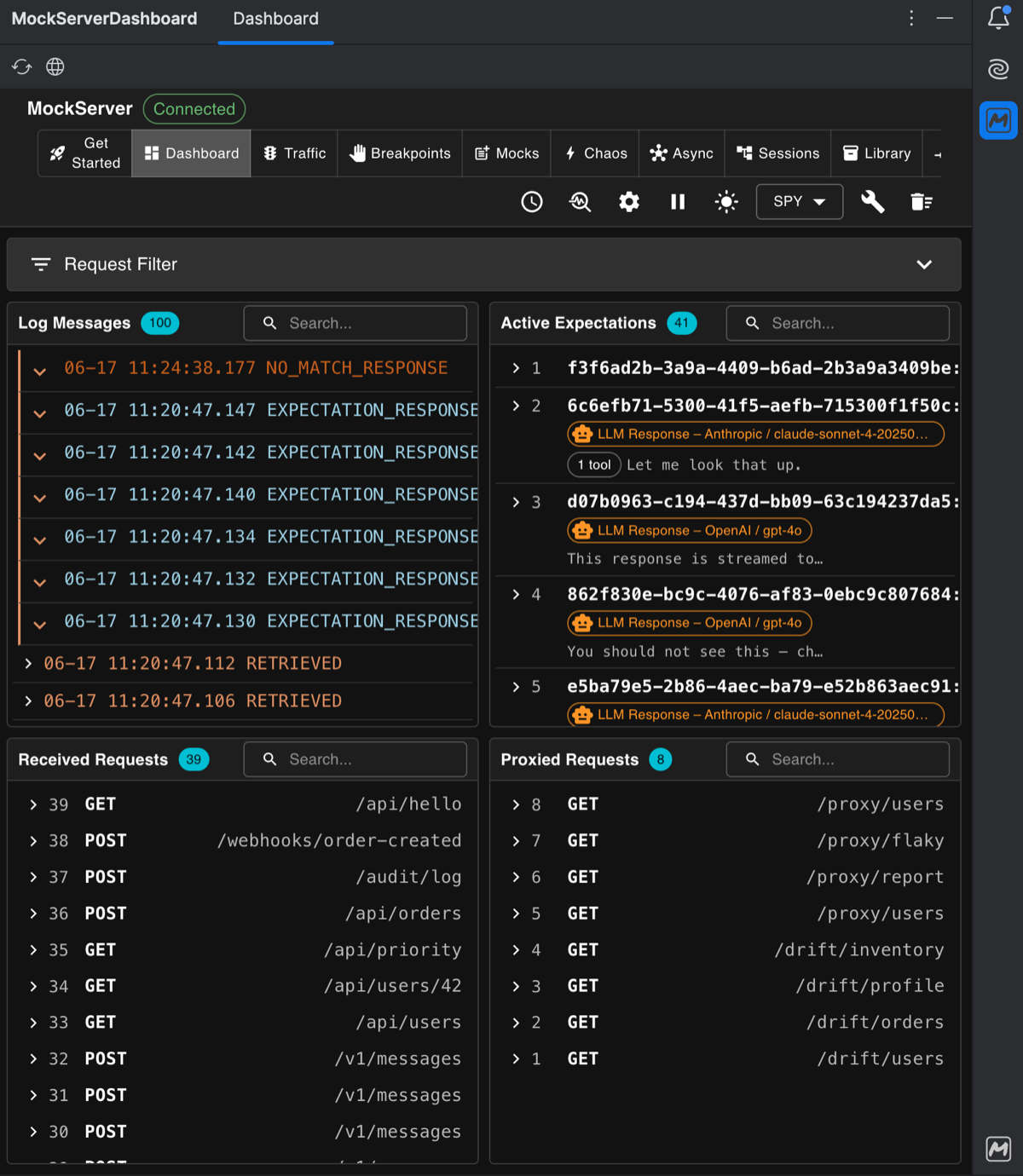 MockServer Dashboard embedded in IntelliJ IDEA